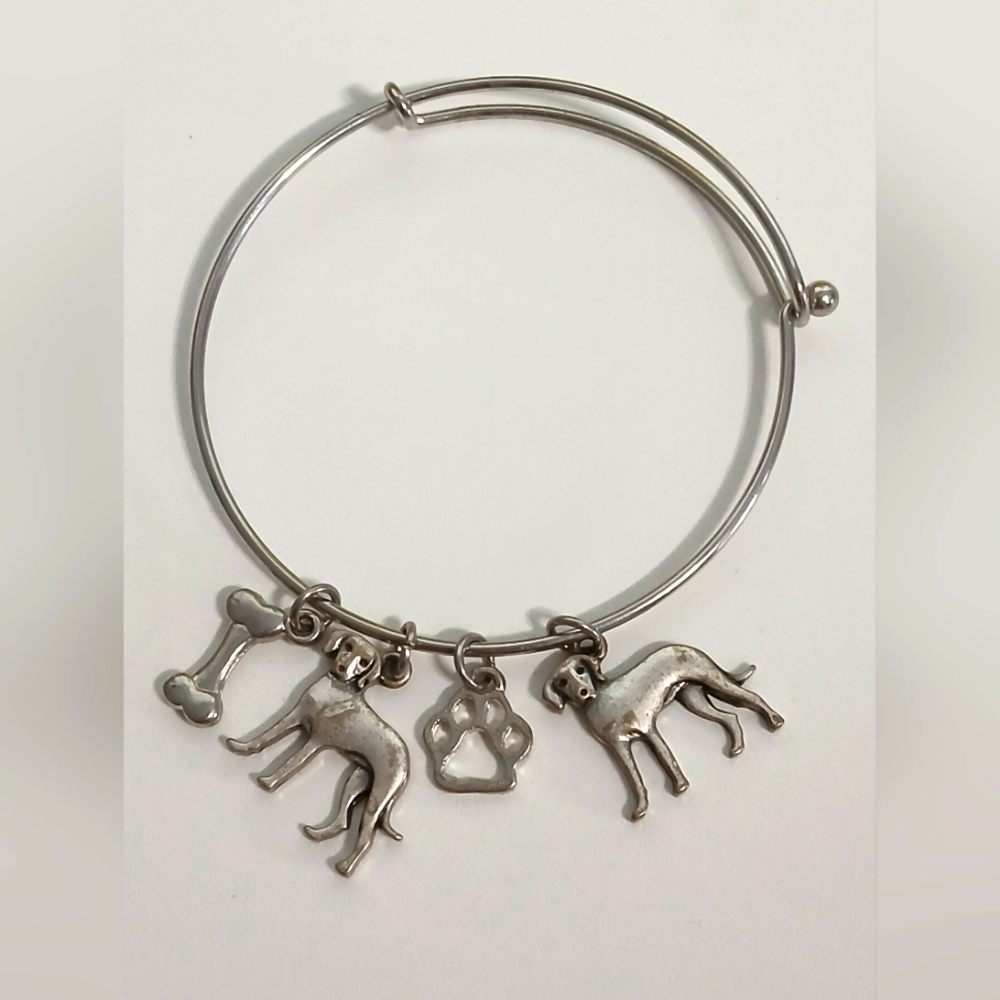 Silver Bangle Bracelet with Dogs Bone and Paw charms